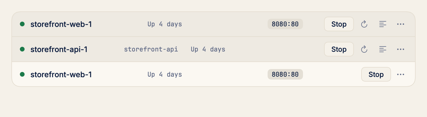 Three container rows: two with restart and logs buttons showing on hover, one at rest.