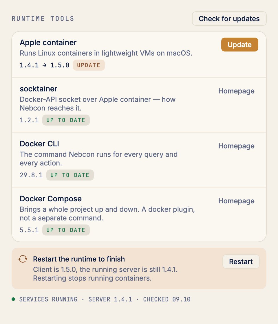 The runtime tools pane: four tools with their versions and status, and a note saying the update is installed but the old version is still running.